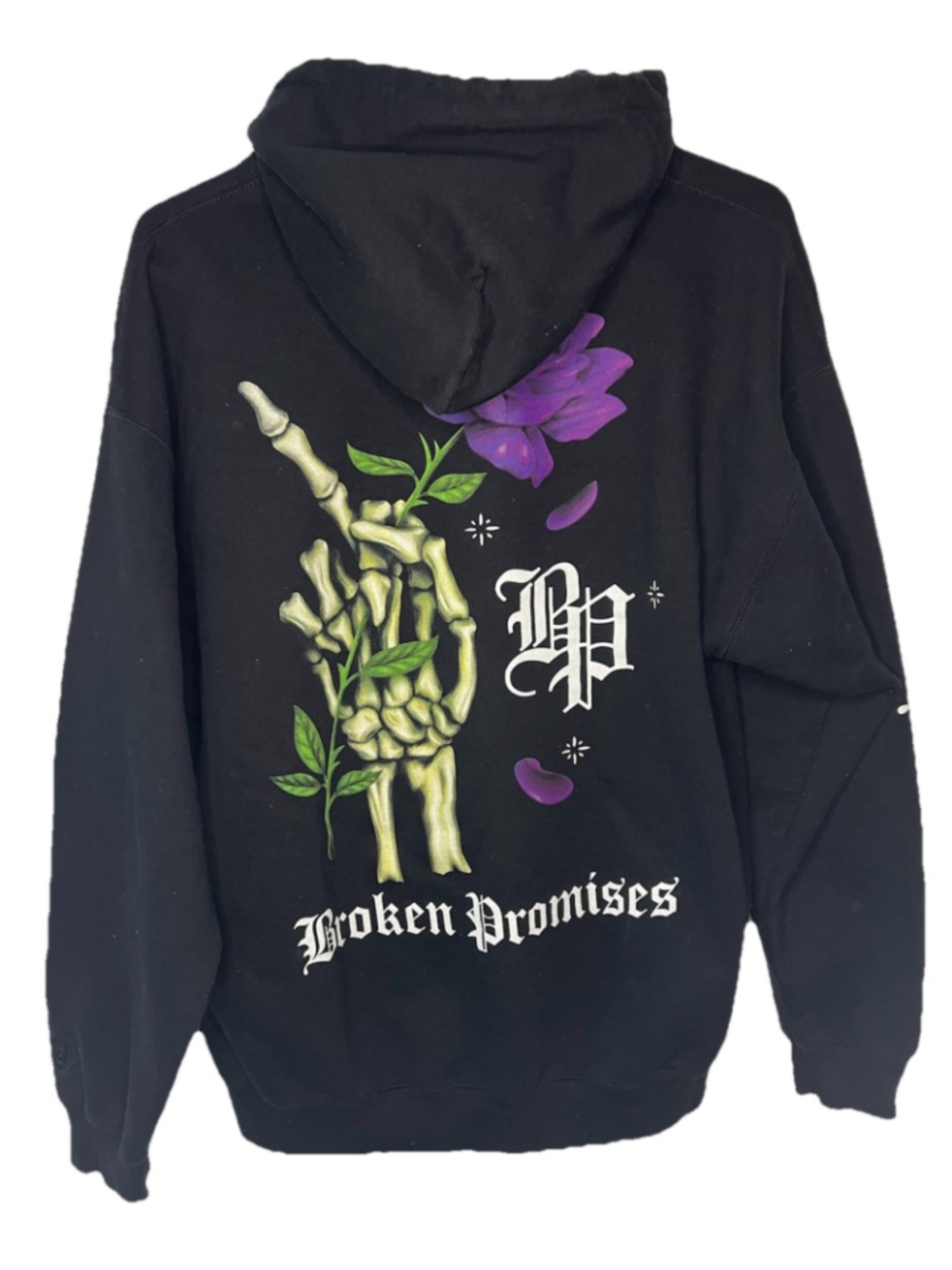 Broken Promises Hoodie Men’s Large Skeleton Hand Flower Black Purple